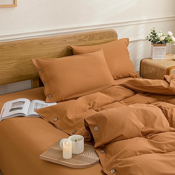 JELLYMONI Cotton Duvet Cover Full Size - Burnt Orange Comforter Cover with Button 100% Washed Cotton 3PCS Breathable Soft Solid Bedding Set Duvet Cover 80×90in & 2 Pillowcases (NO Comforter)