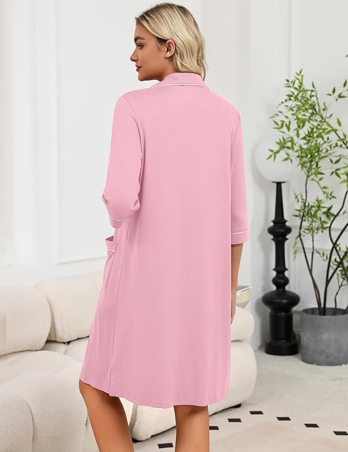 Ekouaer Zipper Robes for Women 3/4 Sleeve Housecoats Knee Length Bathrobe Lightweight Nightgown with Pockets S-3XL