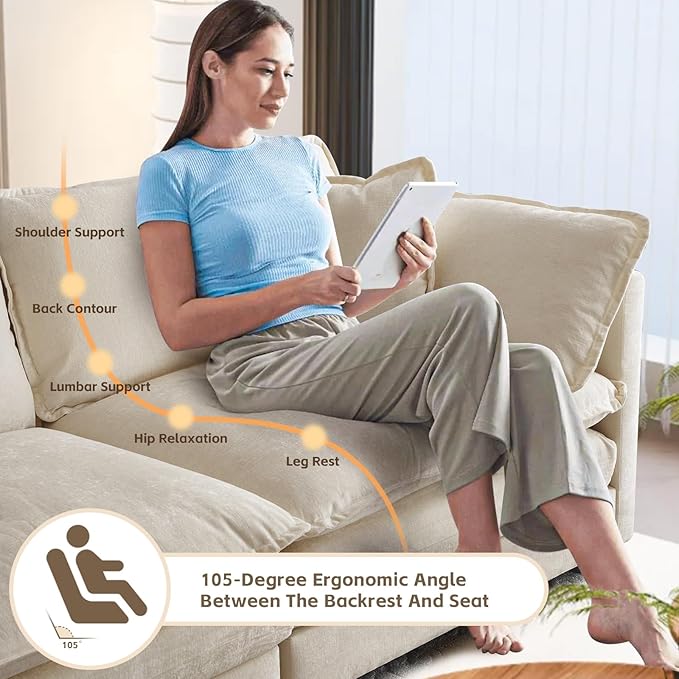 SoarFlash Chenille Sectional Sofa, Comfy L Shaped Modular Coush Sofa with Ottoman, Modern 3 Seat Couch Deep Seat Sofa Set for Living Room,Light Coffee