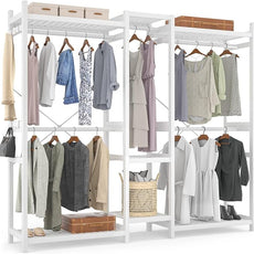 Homykic Bamboo Closet System Clothes Rack, Large Freestanding Garment Rack Clothing Rack for Hanging Clothes with 7 Storage Shelves and 5 Rods, Open Wardrobe Organizer with 4 Hooks, White