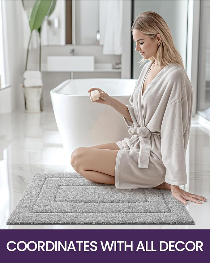 DEXI Bathroom Rug 43x24, Non Slip Washable Bath Mat for Shower Floor, Extra Large Absorbent Soft Bathmat with Rubber Backing, Quick Dry Microfiber Carpet, Light Grey