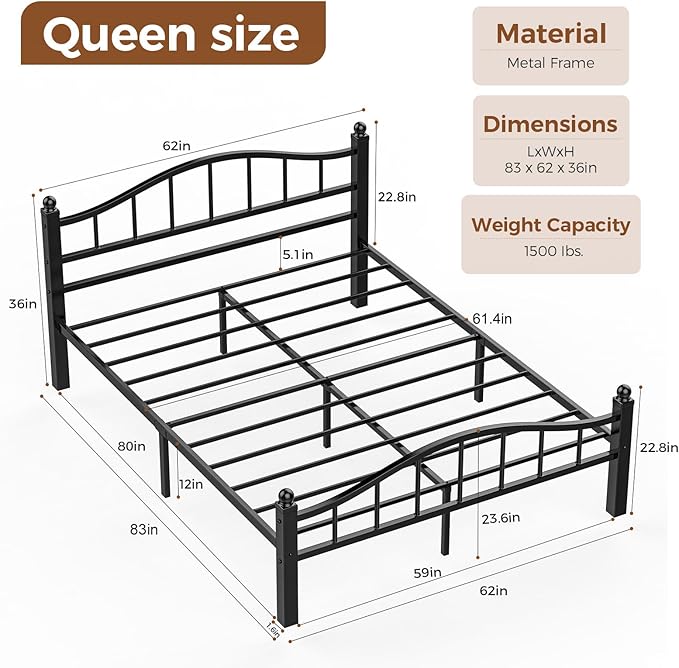 Metal Queen Bed Frames, Noise-Free Design & Underbed Storage Heavy Duty Queen Size Bed Frames with Headboard No Box Spring Needed/Tool-Free Assembly
