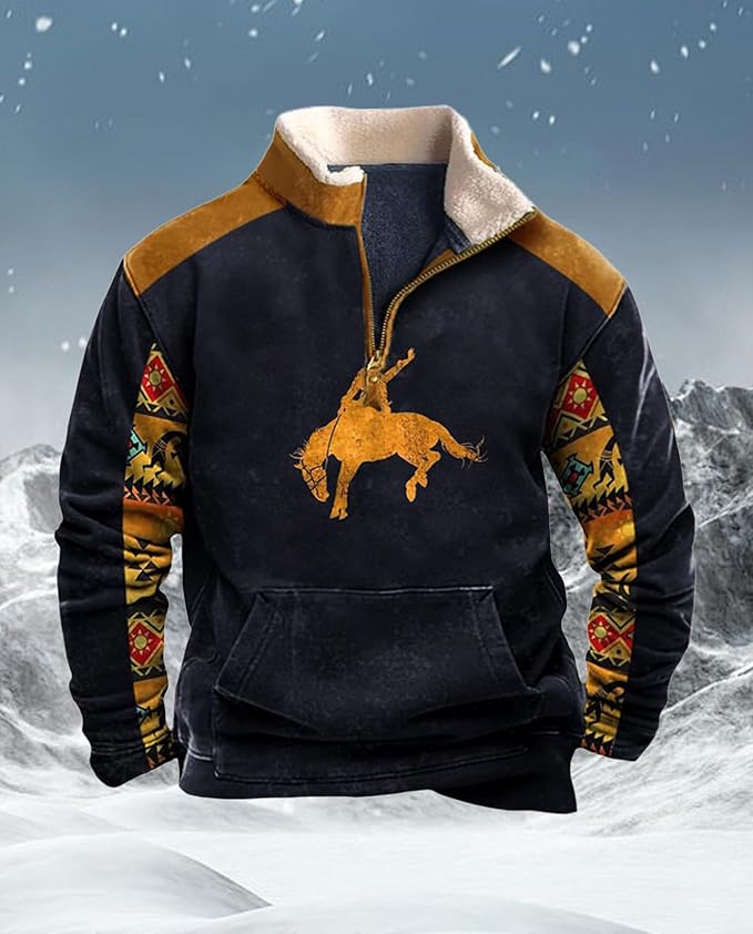 Western Sweatshirts for Men Aztec Cowboy Vintage Graphic Fleece Hoodie Mens Quarter Zip Pullover Country Jacket