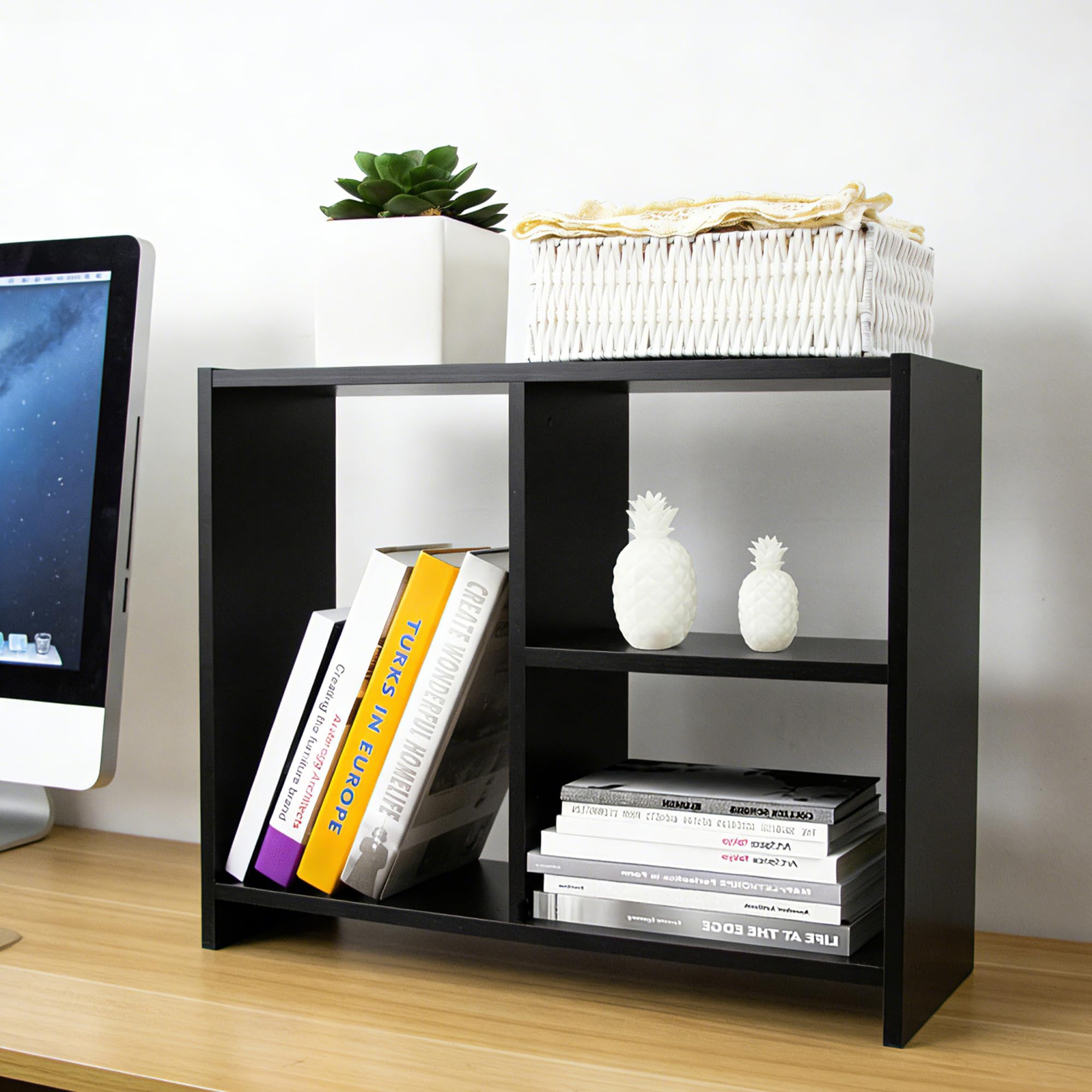 Jerry & Maggie Desktop Organizer Office Storage Rack Adjustable Wood Display Shelf Free Style Double H, Multi-Functional Mini Bookshelf for Desk Natural Stand (Violet) Dormly