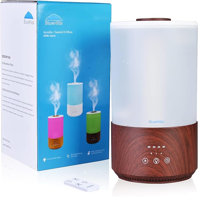 BlueHills Premium 4000 ml Tall Essential Oil Diffuser 4L 4 Liter 50 Hour Run with Remote Timer Aroma Humidifier 1 Gallon Big Capacity High Mist Output for Large Room Lights Dark Wood Grain XL T402