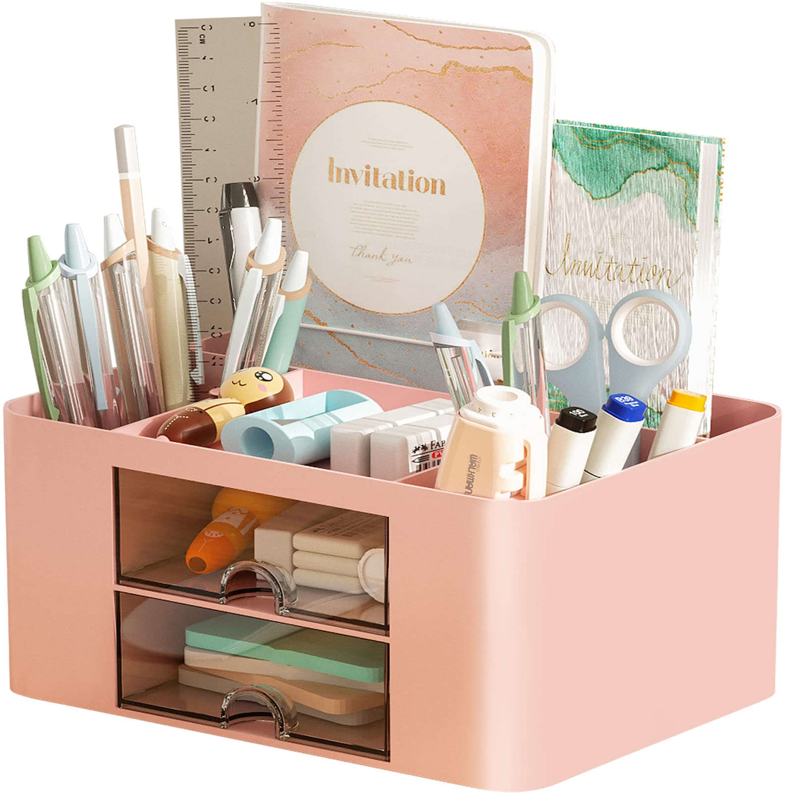Marbrasse Pen Organizer with 2 Drawer, Multi-Functional Pencil Holder for Desk, Desk Organizers and Accessories with 5 Compartments + Drawer for Office Art Supplies (Blue) Dormly