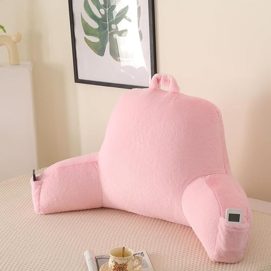 Reading Pillow for Sitting in Bed, Large Backrest Reading Pillow with Arm Rest,Back-Rest Support Cushion for Sit Up on Couch, Sofa, and Floor, Dorm Essentials (Pink Faux Fur, Standard(17"))