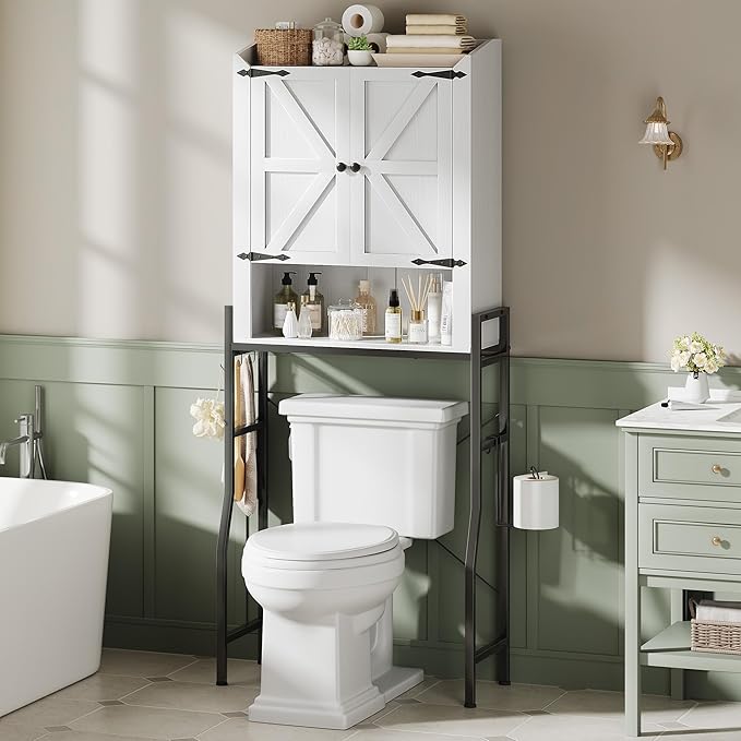 Over The Toilet Storage Cabinet, Over Toilet Organizer with 2-Door & Metal Stand, Bathroom Organizers and Storage with Adjustable Shelves for Bathroom, Restroom, Laundry, White