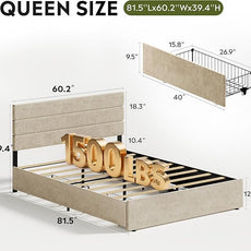 WLIVE Queen Size Upholstered Bed Frame with 4 Storage Drawers and Headboard, Velvet Platform Bedframe, Sturdy Metal & Wooden Slats Support, No Box Spring Needed, Easy Assembly, Beige
