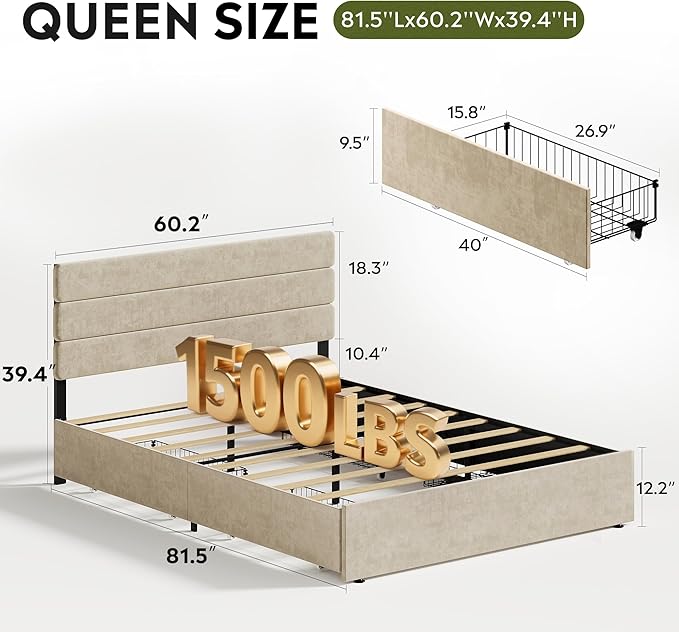 WLIVE Queen Size Upholstered Bed Frame with 4 Storage Drawers and Headboard, Velvet Platform Bedframe, Sturdy Metal & Wooden Slats Support, No Box Spring Needed, Easy Assembly, Beige