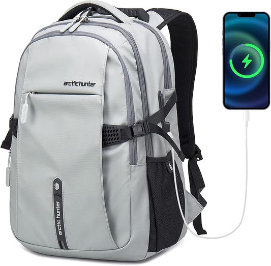 ARCTIC HUNTER AH Travel Carry On 15.6" Laptop Backpack for Men, Large 30L Anti-Theft & Waterproof Backpacks Flight Approved for Business, Commuting, Work, Weekend Casual Daypack, Grey, Silver
