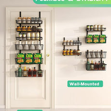 Over The Door Pantry Organizer, Pantry Organization and Storage, 6-Tier Deep Baskets Hanging Heavy-Duty Metal, Wall Spice Rack Seasoning Shelves for Home & Kitchen, Laundry Room Bathroom, Black
