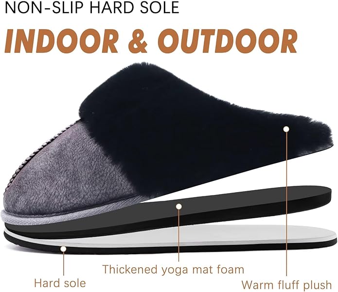 KuaiLu Womens Fluff Dual Memory Foam Slippers Ladies Cozy Arch Support Warm Scuff Slippers Slip on Comfy Winter House Shoes with Non-Slip Indoor Outdoor Hard Sole