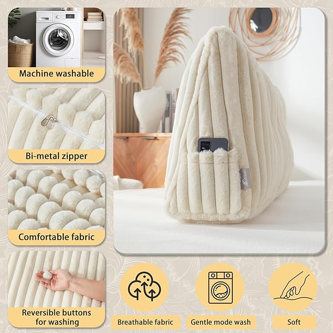 Headboard Pillow + A Long Neck Roll Pillow Body Pillow，Faux Fur Headboard Wedge Pillow with Removable Cover (Beige, Twin：39x8x20 inches)