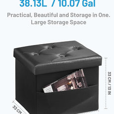 AmasSmile Storage Ottoman Folding Foot Rest Stool, Leather Footstool Bench, Short Ottoman Stool, Storage Foot Rest Store, Books (Side Pocket Black, 17