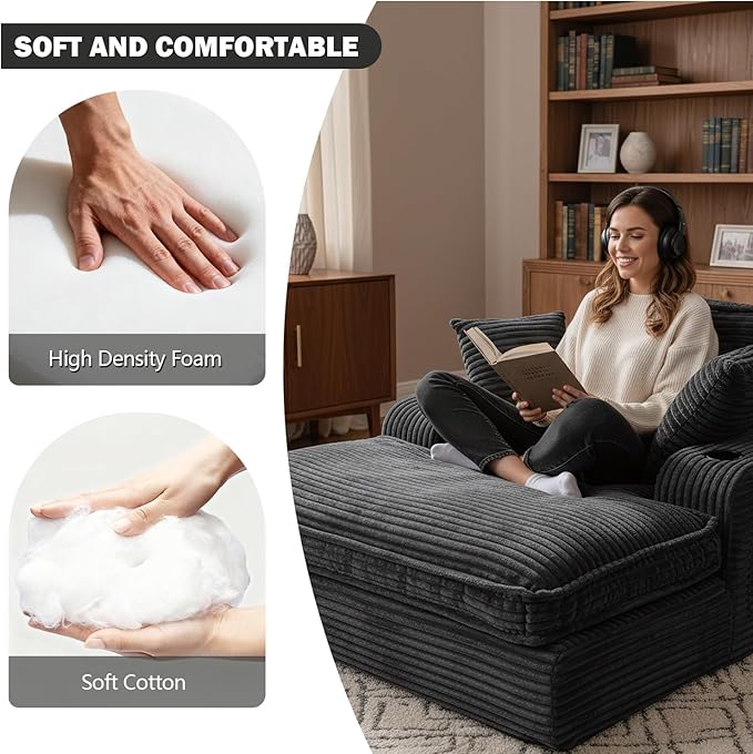 67" Oversized Chaise Lounge Chair Indoor, Soft Boneless Cloud Couch with 3 Pillows, 4 Side Pockets and 2 Cup Holders, Comfy Corduroy Sleeper Couch for Living Room Bedroom, Black