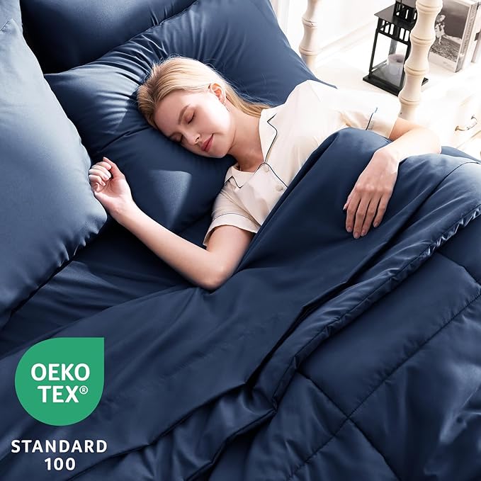 CozyLux Full Size Comforter Sets Navy Blue, 7 Pieces Bed in a Bag, Navy Comforter Full Size, All Season Bedding Sets with Stitch Quilted Comforter, Flat Sheet, Fitted Sheet, Pillowcases