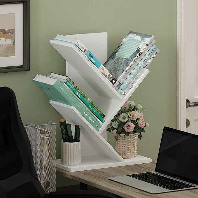 Furinno Tree Book Shelf, 3-Tier Bookshelf, Tree Bookcase for Room Decor, 8.4 x 15.7 x 21.3, for Living Room, Bedroom, Home Office, White