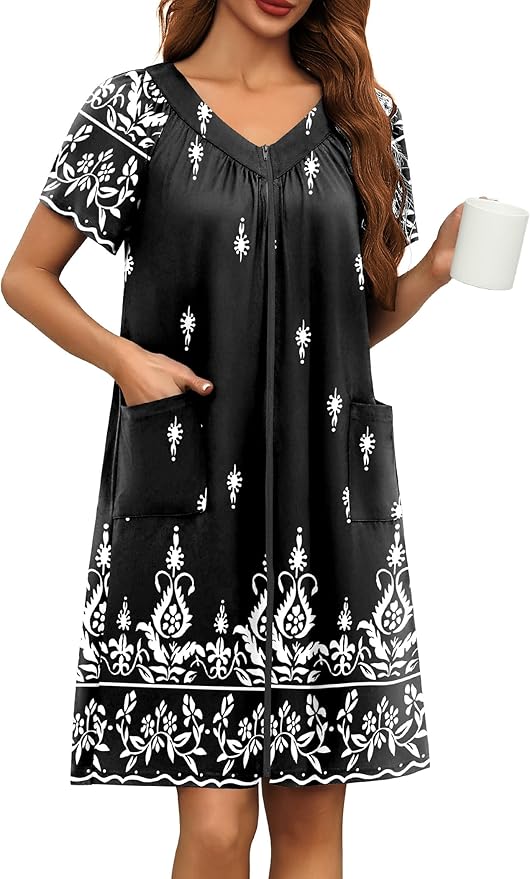 Ekouaer Women Robe Zipper Front Mumu Duster Robes Zip Up Housecoat Soft Sleepwear with Pockets