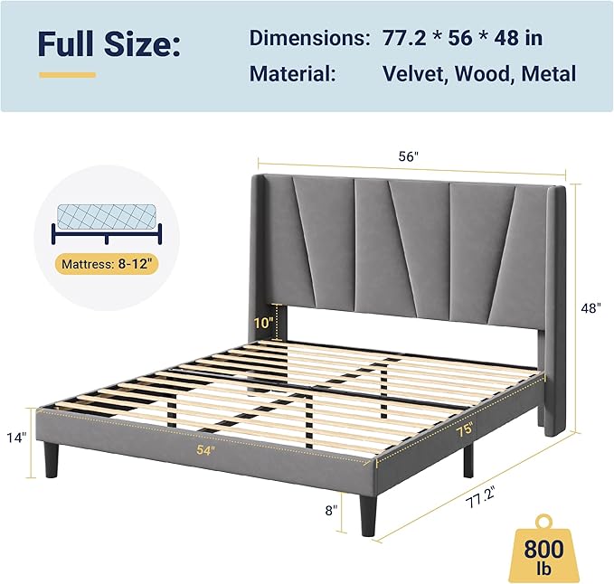 Allewie Full Size Platform Velvet Bed Frame with Geometric Wingback Headboard, Boho Upholstered Bed with Wooden Slats Support, No Box Spring Needed, Easy Assembly, Light Grey