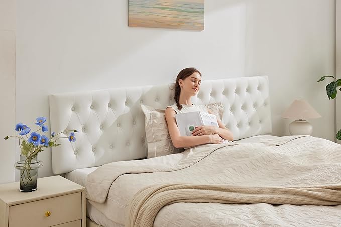 Kingfun Tufted Upholstered Full Size Bed Headboard in Modern Button Design, Adjustable Solid Wood Head Board, Premium Velvet Fabric Padded Headboards in Bedroom (White)