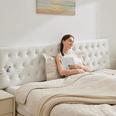Kingfun Tufted Upholstered Queen Size Bed Headboard in Modern Button Design, Adjustable Solid Wood Head Board, Premium Velvet Fabric Padded Headboards in Bedroom (White)