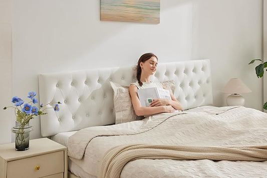 Kingfun Tufted Upholstered Queen Size Bed Headboard in Modern Button Design, Adjustable Solid Wood Head Board, Premium Velvet Fabric Padded Headboards in Bedroom (White)