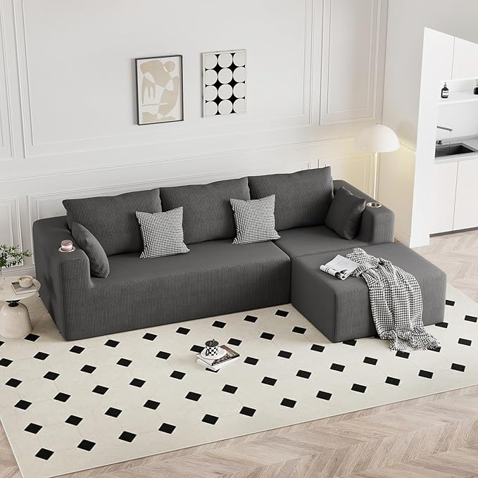 Furnimart 112" L-Shaped Modular Sectional Sofa with Ottoman, Boneless Cloud Couch with Chaise for Living Room, Modern Deep Seat Lounge Sleeper Couch Bed, No Assembly, Corduroy Dark Grey