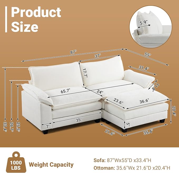 VINGLI 87" Convertible Sectional Sofa,L-Shaped Deep Seat Sofa Couch for Living Room,Modern 2-Seat Loveseat Sofa with Ottoman for Small Space(Creamy White, 87")