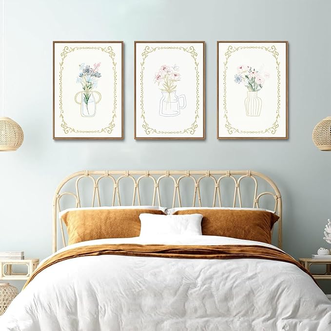 KISSFOX 3 Piece Floral Framed Wall Art Flower Pictures Wall Decor Wildflowers Canvas Wall Art Green Boho Botanical Paintings for Girly Room Bedroom Apartment Dorm Living Room