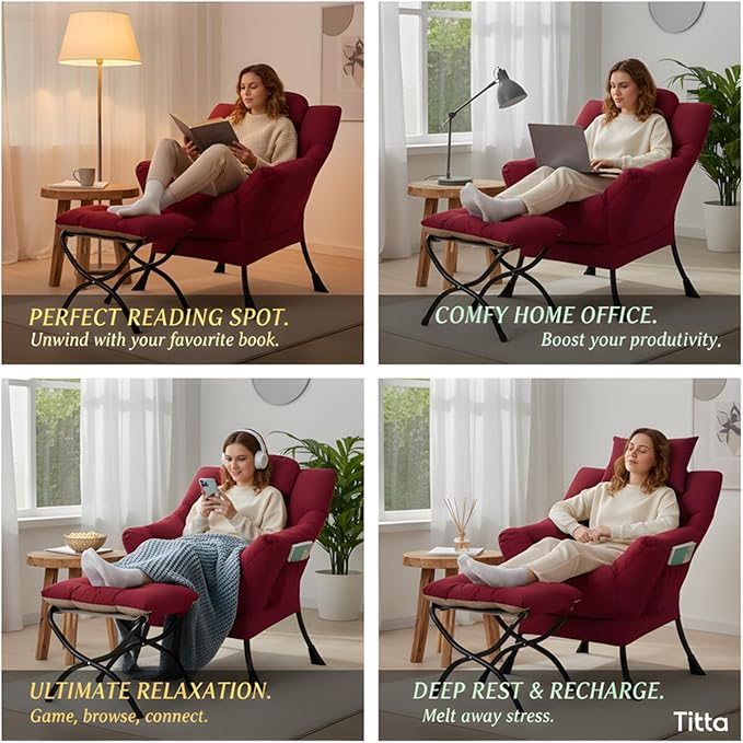 Tiita Lazy Chair with Ottoman, Modern Large Accent Lounge Armchair, Comfy Leisure Sofa Reading Chair with Footrest for Bedroom, Living Room, Dorm Rooms, Garden and Courtyard, Wine red
