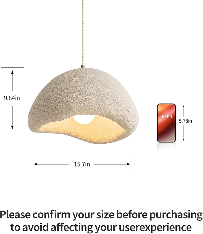 MODIVO 15.7in Wabi Sabi Plug-in Pendant Light for Kitchen lsland,White Concrete Hanging Ceiling Light Fixtures Japanese Lamp Dining Room,Bathroom,Living Room,Restaurant Decor Bulb Included