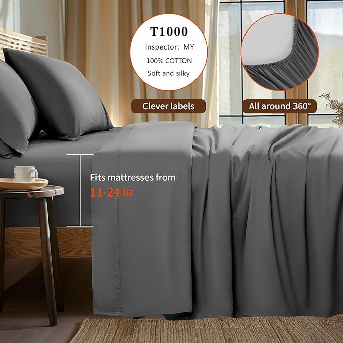 LBRO2M 100% Cotton Sheets Set Deep Pocket 24", 1000 Thread Count King Size 4 Piece Bed Sheet Sets Soft Comfortable Bedding All Season (King, Dark Gray) LBRO2MBedding