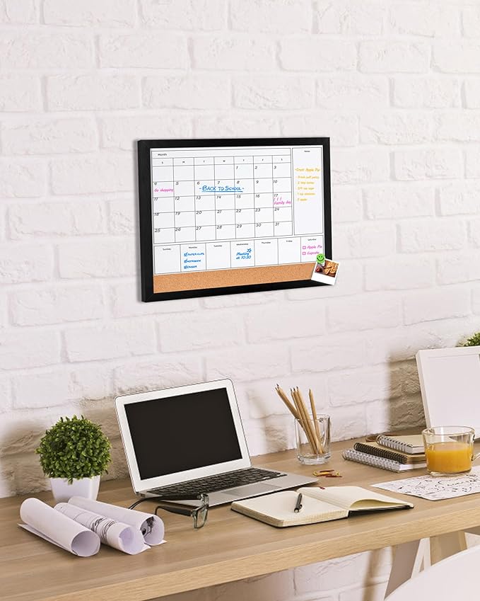 4-in-1 Dry Erase Calendar for Wall with Black Wooden Frame, 17x13 inches Magnetic Monthly & Weekly Planner Whiteboard, Cork Board Combo, Hanging White Board for Decor/Memo(4H1-BK Wood,4333)