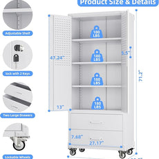 SUXXAN Rolling Storage Cabinet with 2 Doors and 2 Drawers, Heavy Duty Metal Storage Cabinet with Shelves, Locking Steel Cabinet for Warehouse, Home, Office (White)
