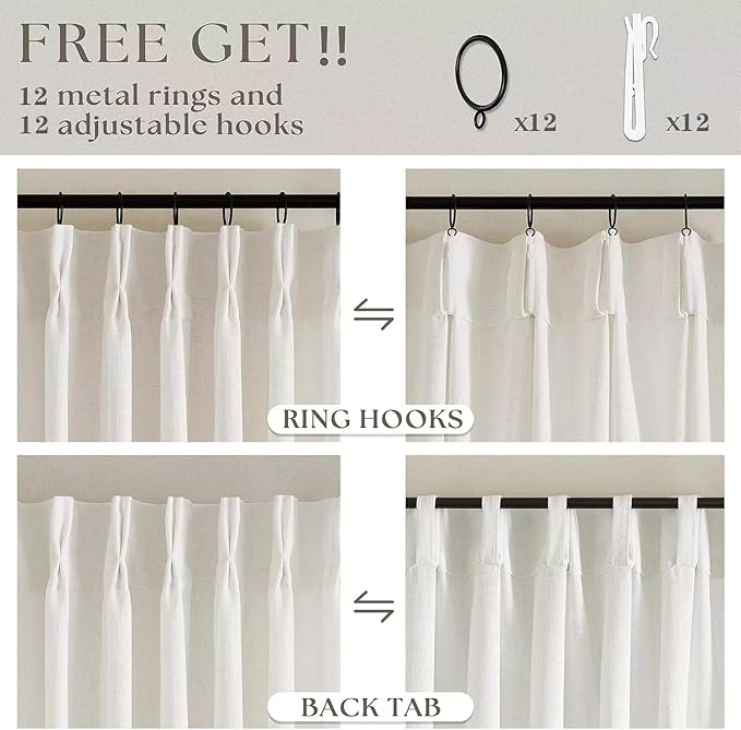Natural Pinch Pleated Linen Curtains 102 Inches Long 60 Inch Width Linen Blend Light Filtering Window Curtains 102 Inch for Living Room Bedroom Patio Pinch Pleat Drapes Hooks Rings 1 Panel 60Wx102L
