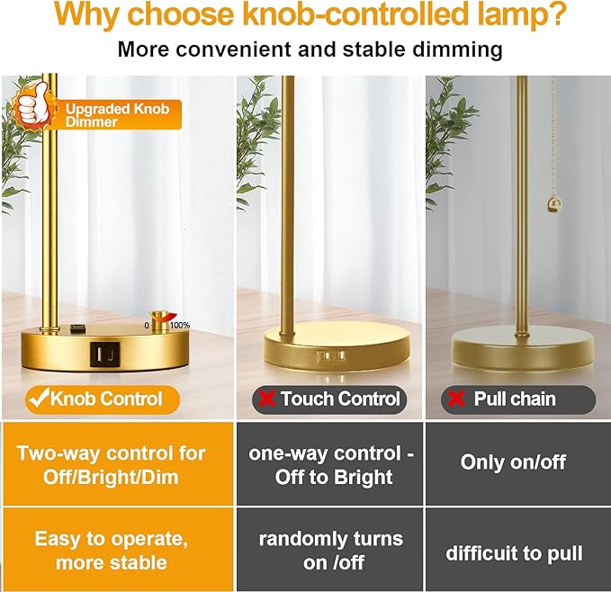 Set of 2 Industrial Table Lamps with USB Port, Gold Fully Stepless Dimmable Bedside Lamps for bedrooms, Nightstand Desk Lamp with Clear Glass Shade for Reading Living Room Office 2 LED Bulb