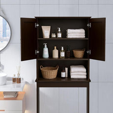 Over The Toilet Storage Cabinet, Behind Toilet Bathroom Organizer with Adjustable Shelves, Above Toilet Organizers with Barn Door, Space Saver for Restroom, Bathroom, Laundry