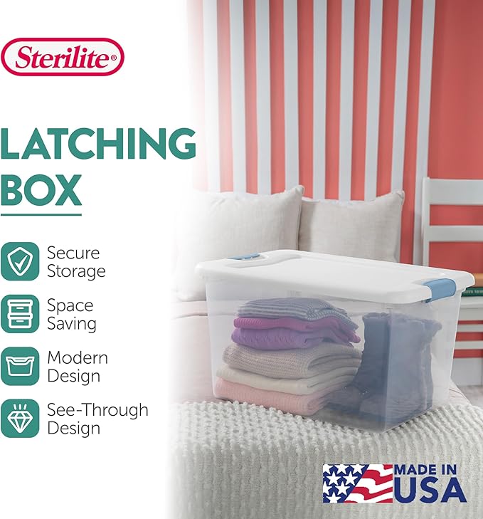 Sterilite 18-Pack Latching Box, Under Bed Storage Bins with Lids, Clear Plastic, 64 Quart - Heavy-Duty Organizing Containers for Closet, Bathroom, and Office