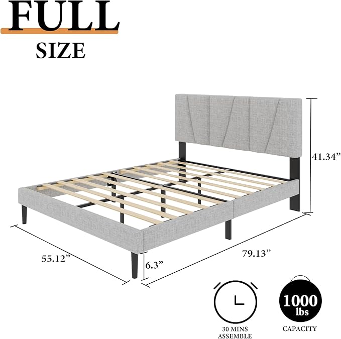 Full Size Platform Bed Frame with Geometric Upholstered Headboard, Noise Free, Wooden Slats Support, No Box Spring Needed, Easy Assembly, Light Grey, Linen