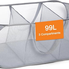 Durable Collapsible Foldable Pop Up Laundry Hamper, Sturdy 3 Compartments, Handy Pocket & Easy to Sort Clothes Hampers for Dorm, Kids Room, Travel - Grey