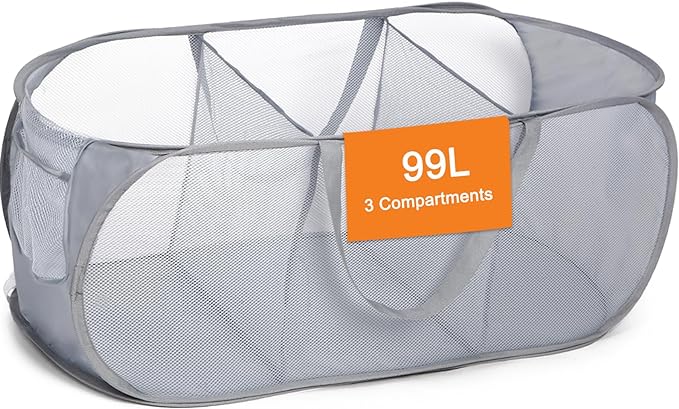 Durable Collapsible Foldable Pop Up Laundry Hamper, Sturdy 3 Compartments, Handy Pocket & Easy to Sort Clothes Hampers for Dorm, Kids Room, Travel - Grey