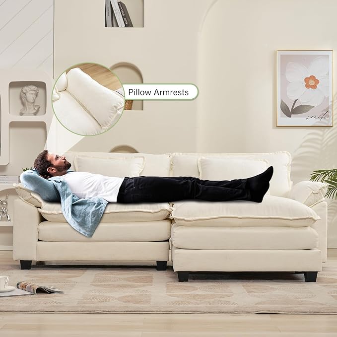 86" Modular Sectional Sofa, Comfy Cloud Couch Sectional Sofa with Ottoman, Chenille Sofa Sleeper Deep Seat Sofa with Throw Pillows for Living Room (Beige White, 86"- L Shape)