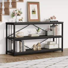 HSH 3 Tier Bookshelf, Wood Metal Low Horizontal Bookcase with Storage, Industrial 3 Tier Long Bookshelves Shelf for Bedroom, Modern Wooden Open Etagere Bookcase for Living Room, Dark Gray, 55 Inch