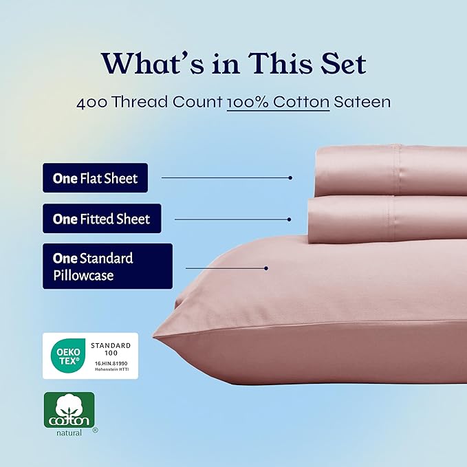 California Design Den Twin XL Bed Sheets Set - 400 Thread Count Sateen, Natural 100% Cotton Twin XL Sheet Set, Deep Pockets, All Around Elastic, Durable Bedding for Dorm Room - Mauve CaliforniaDesignDen