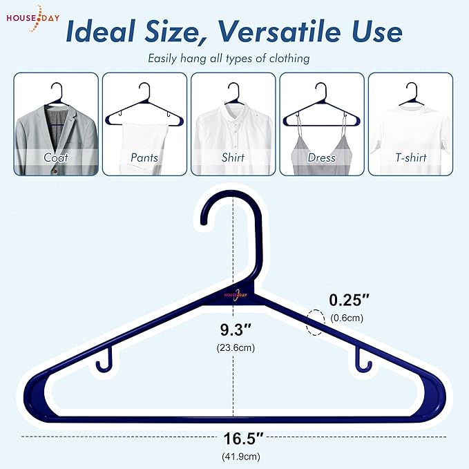 HOUSE DAY Blue Plastic Hangers 60 Pack, Clothes Hangers with Non Slip Hooks, Durable & Space Saving Coat Hanger, Light-Weight Clothing Hangers, Perfect Closet Organizer for Everyday Use