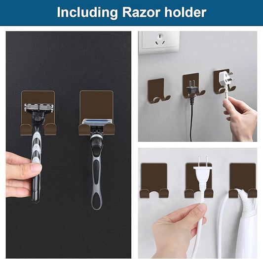 Diesisa Razor Holder for Shower + Adhesive Wall Hooks, Premium 304 Stainless Steel Shower Razor Holder with Heavy Duty Waterproof Sticky Hooks for Hanging Towels, Coat, hat (2+2 Pack)-Brown