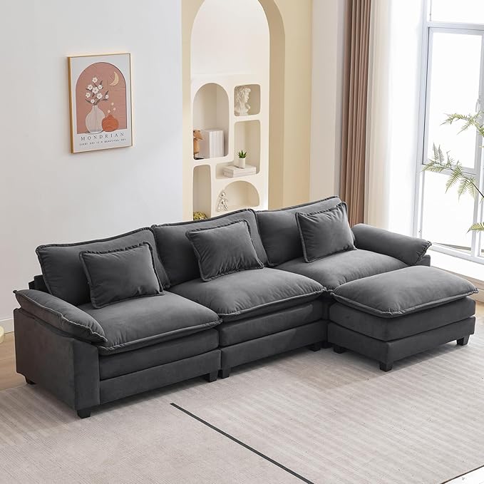 120" Modular Sectional Sofa, Comfy Cloud Couch Sectional Sofa with Ottoman, Velvet Sofa Sleeper Deep Seat Sofa with Throw Pillows for Living Room (Blue Gray, 120"- L Shape)