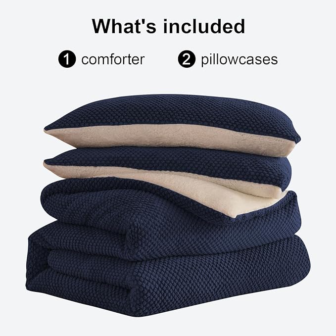 3D Jacquard Design Comforter Set, Ultra-Soft Warm Queen Size Sherpa Fur Plush 3-Pieces Sets Luxury Cozy Bedding with 2 Pillowcases (90"x90", Navy Blue)