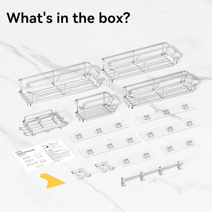 YASONIC Shower Caddy, 6 Pack Large Capacity Bath Organizer with Soap Holder and 12 Hooks, Rustproof Bathroom Shelves for Inside Shower, No Drilling&Sleek Bathroom Organizers and Storage Silver